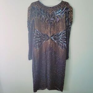 *RARE* Vintage 1980s Sequin Beaded Peacock Cocktail Midi Dress
